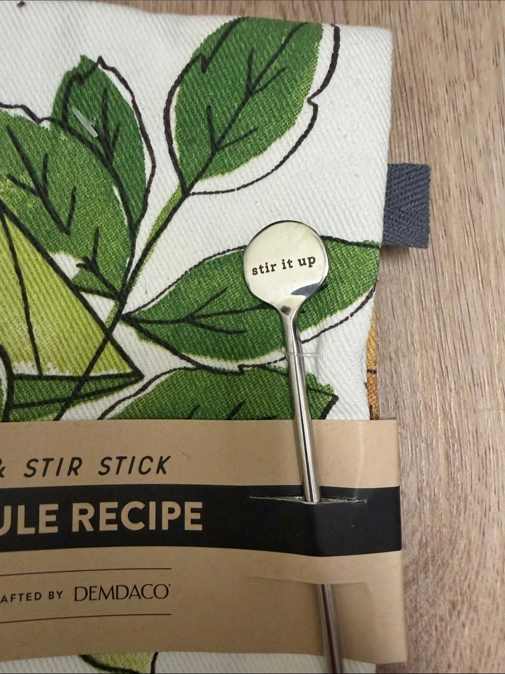 Demdaco White Bar Towel with Green Lime Print and Stir Stick
